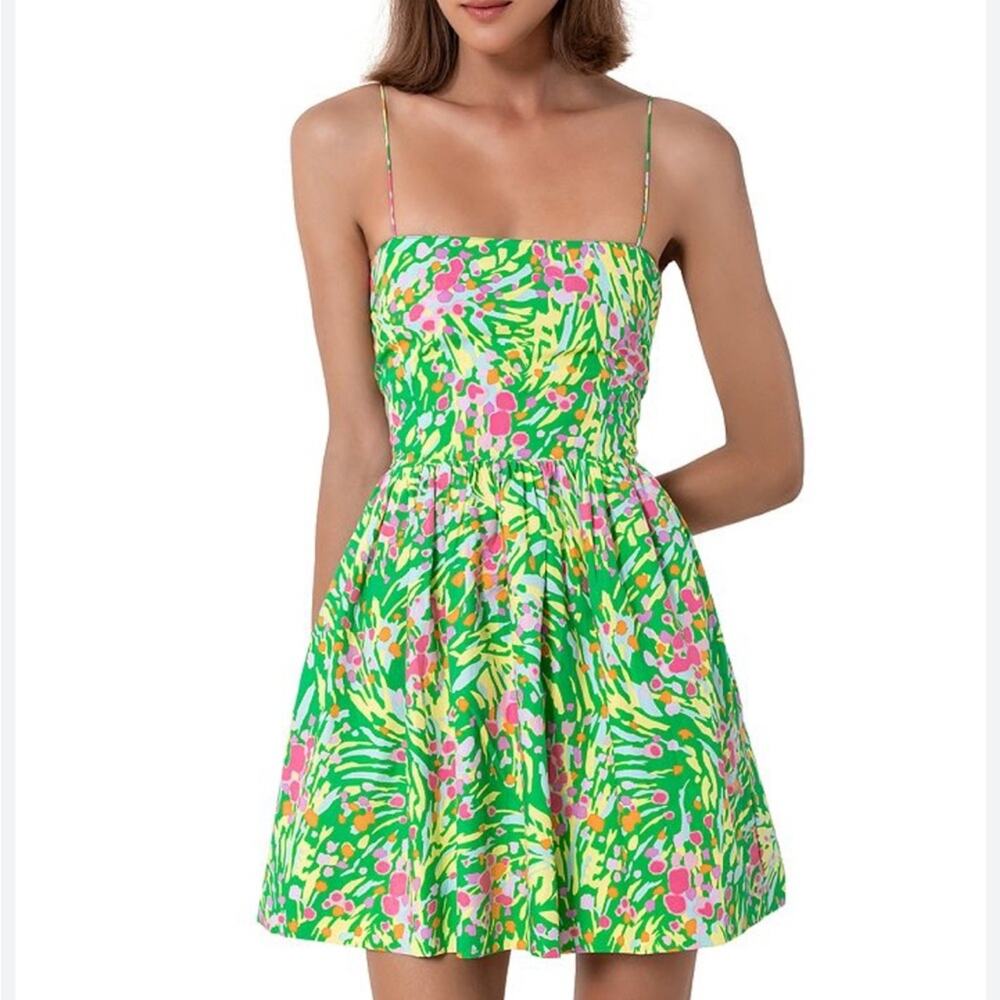 SWF Floral Green Spaghetti-Strap Mini Dress
